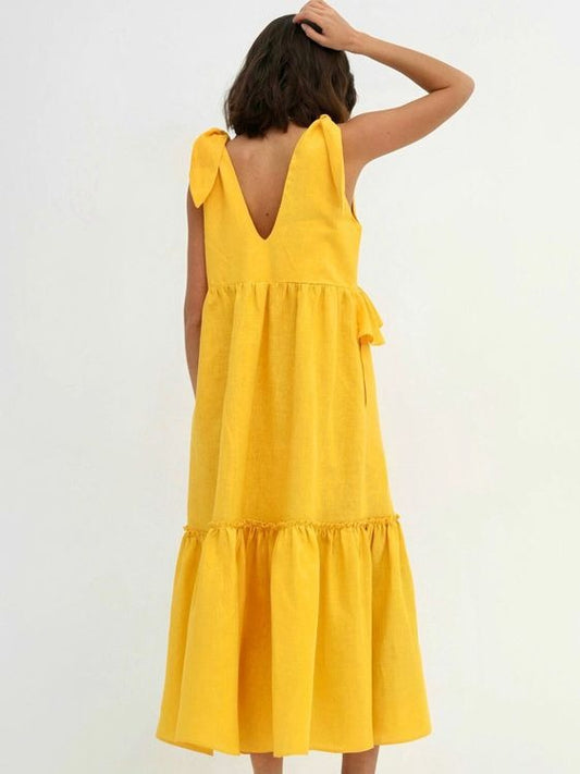 Ruffle Edge Sleeveless Design V-neck Dress