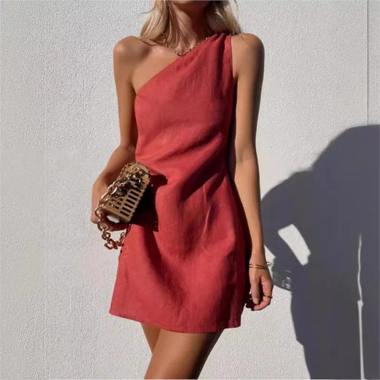 One-Shoulder Cotton Linen Dress Asymmetric