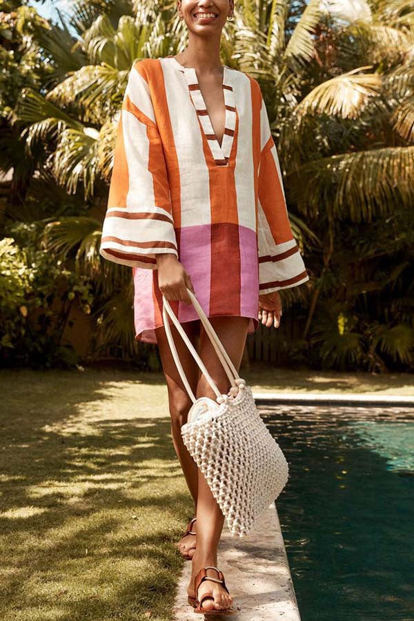 Printed Linen Long Sleeve Loose Dress