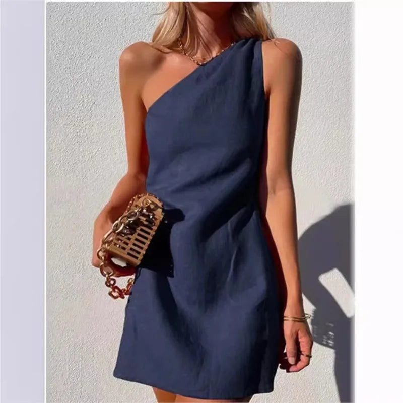 One-Shoulder Cotton Linen Dress Asymmetric