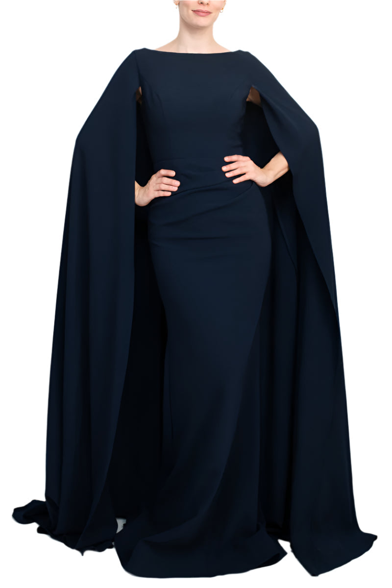 Jovani boat neck cape evening with zipper closure crepe gown-1
