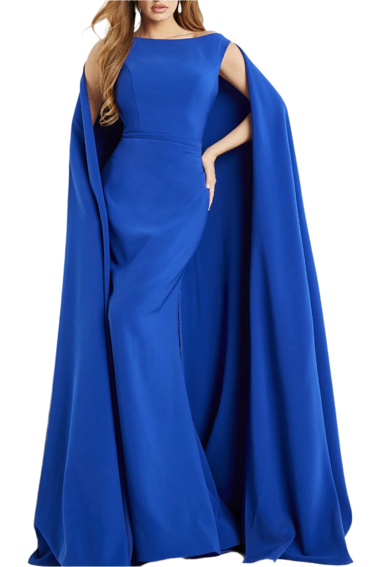 Jovani boat neck cape evening with zipper closure crepe gown-0