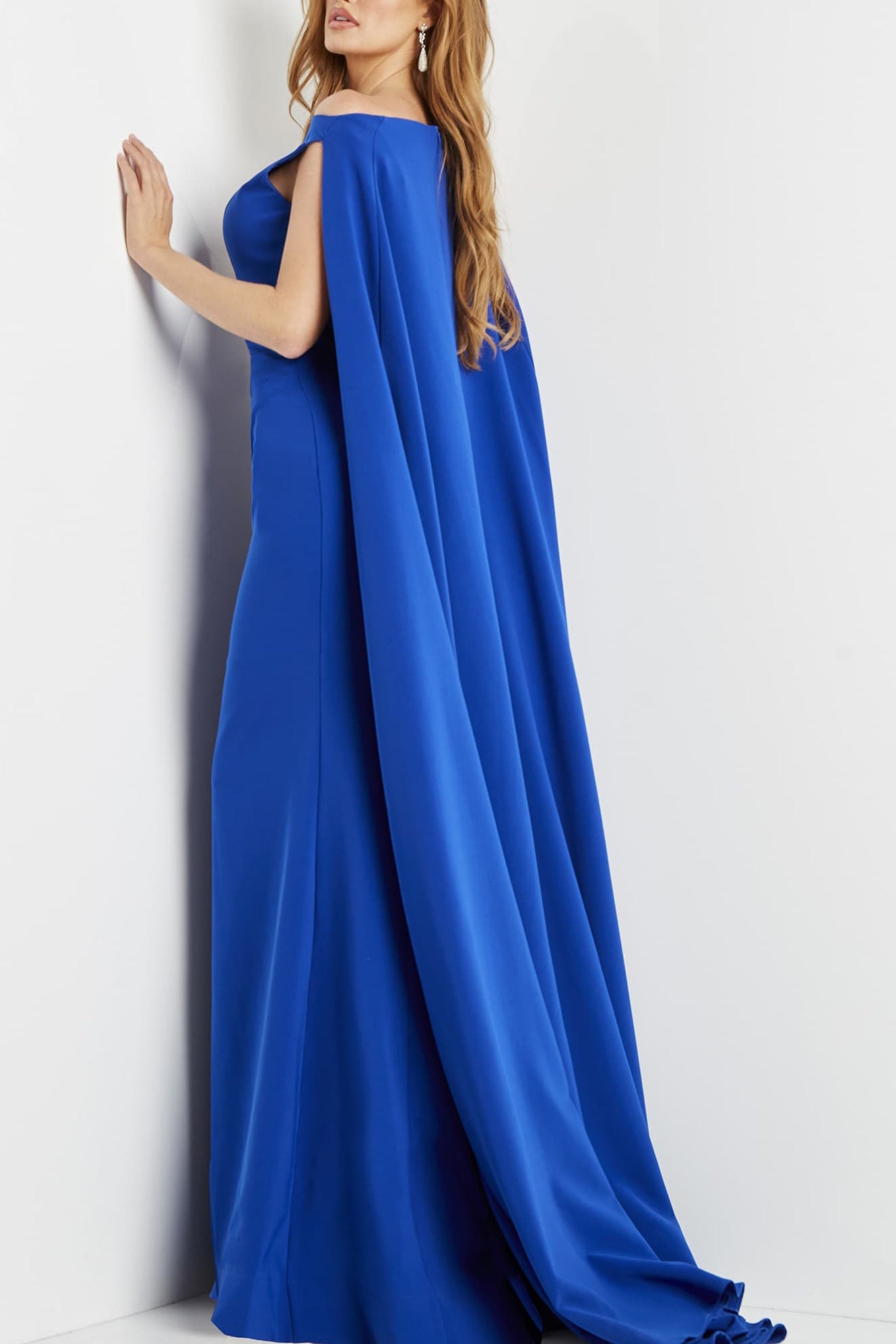 Jovani boat neck cape evening with zipper closure crepe gown-2