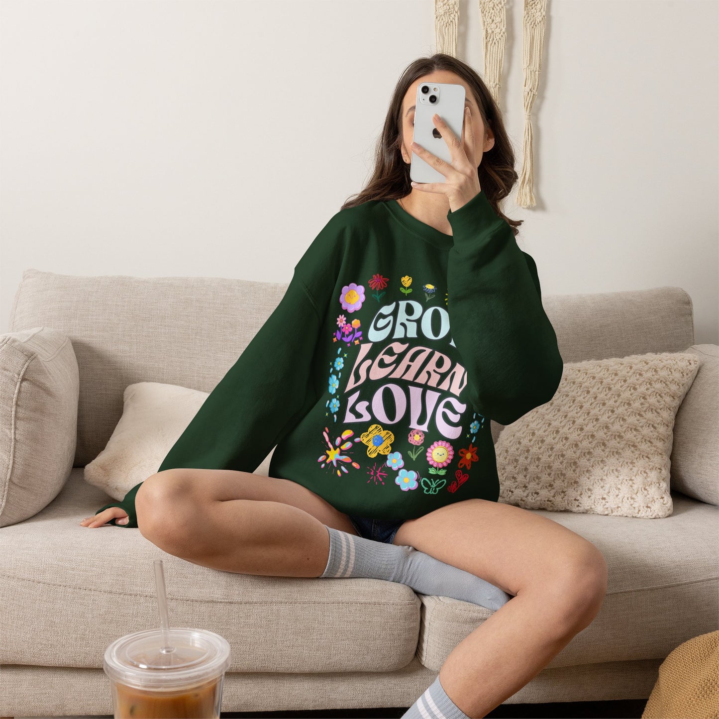 Grow Learn Love Crewneck Sweatshirt — Floral Retro Graphic