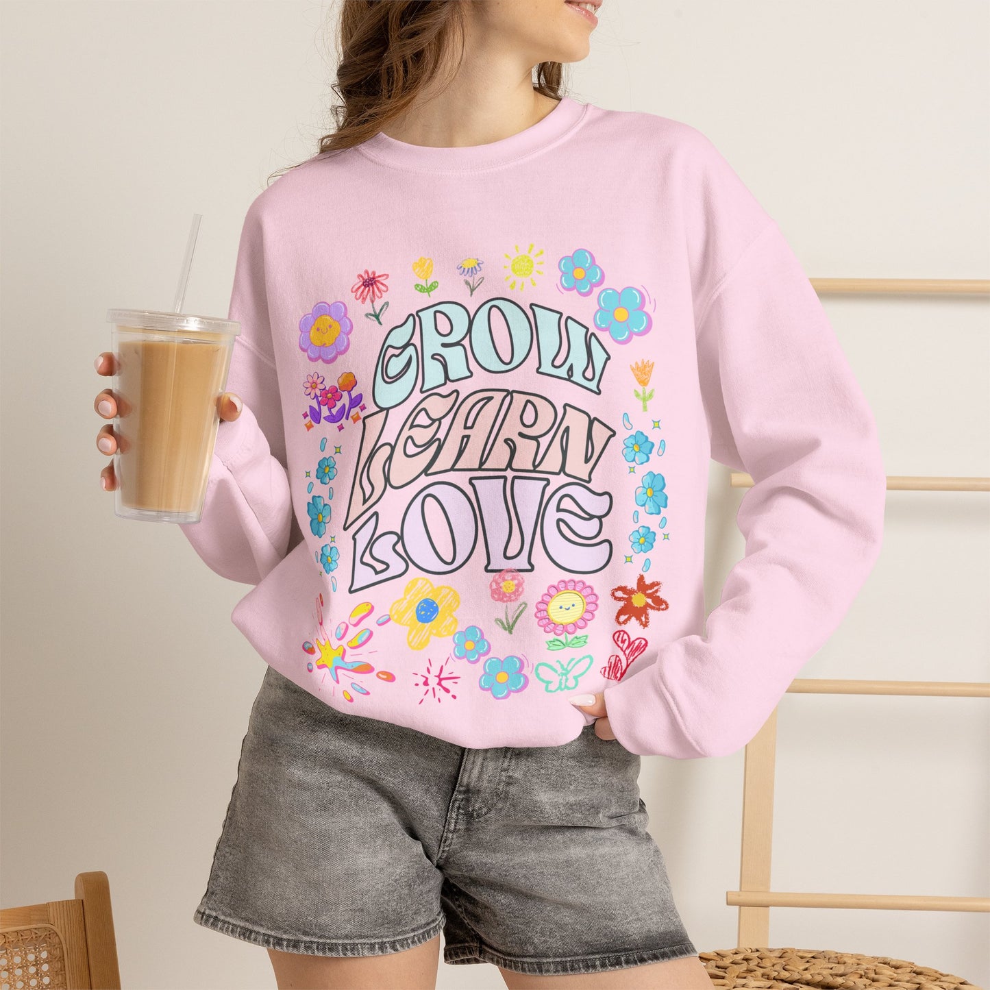 Grow Learn Love Crewneck Sweatshirt — Floral Retro Graphic