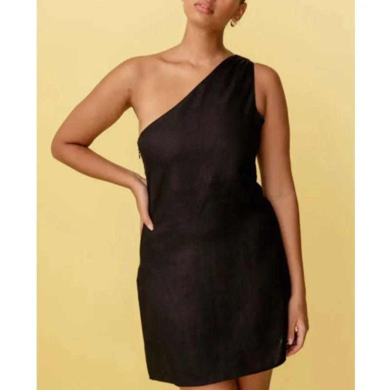 One-Shoulder Cotton Linen Dress Asymmetric