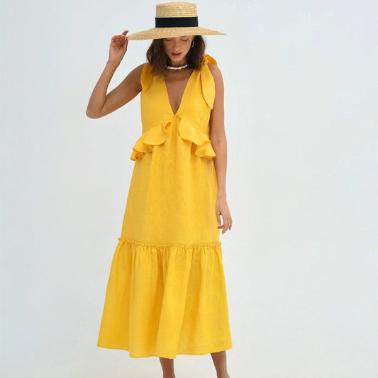 Ruffle Edge Sleeveless Design V-neck Dress
