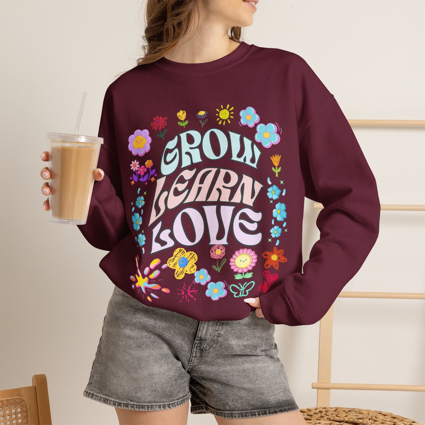 Grow Learn Love Crewneck Sweatshirt — Floral Retro Graphic