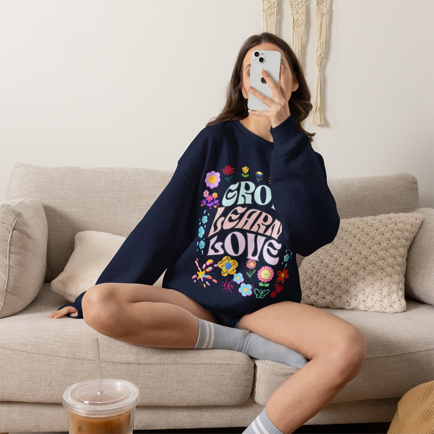 Grow Learn Love Crewneck Sweatshirt — Floral Retro Graphic