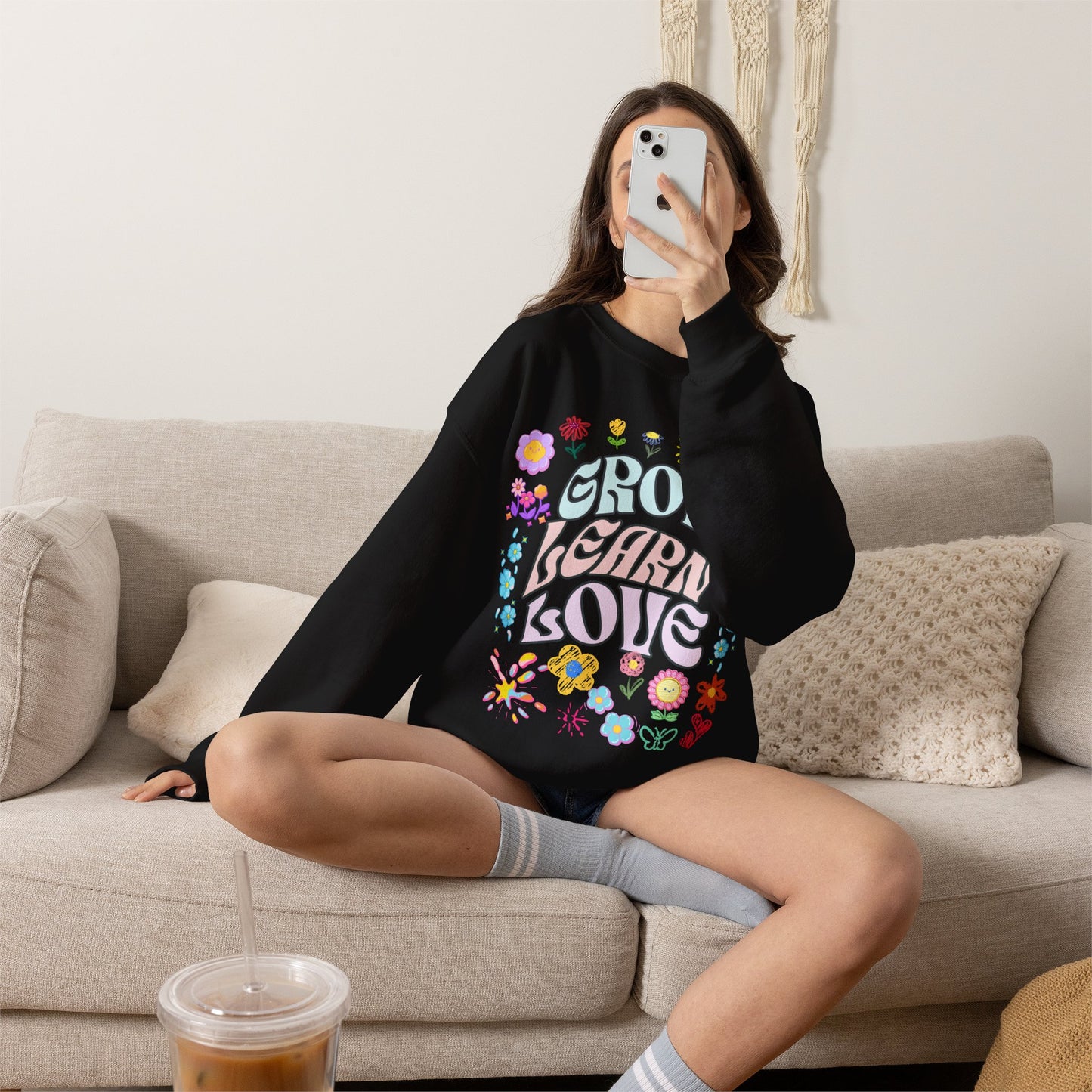Grow Learn Love Crewneck Sweatshirt — Floral Retro Graphic