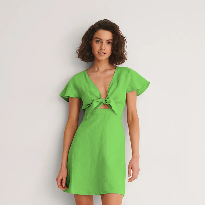 Flying Sleeve Cotton And Linen Bow V-Neck Dress