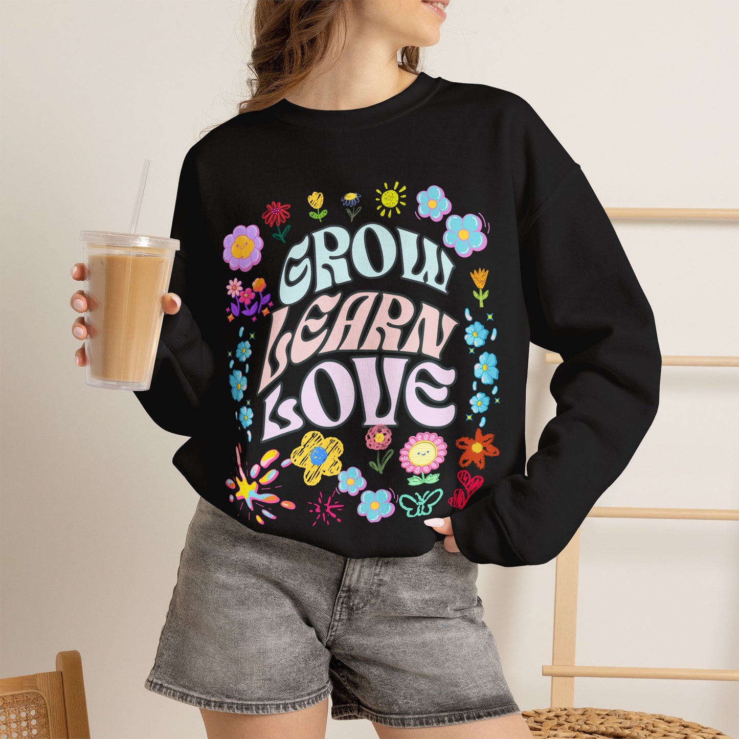Grow Learn Love Crewneck Sweatshirt — Floral Retro Graphic