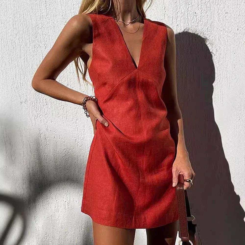 V-Neck Cotton Linen Sleeveless Dress