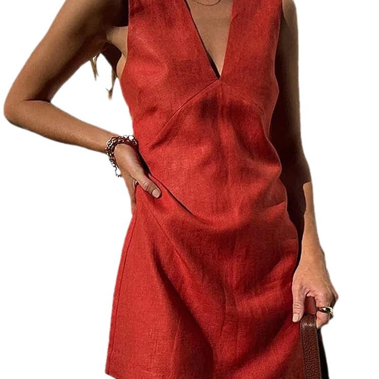 V-Neck Cotton Linen Sleeveless Dress