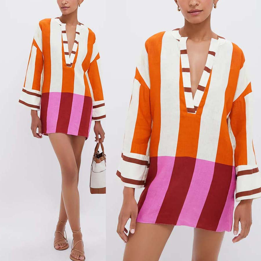 Printed Linen Long Sleeve Loose Dress