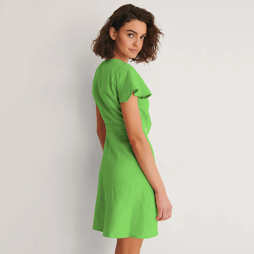 Flying Sleeve Cotton And Linen Bow V-Neck Dress