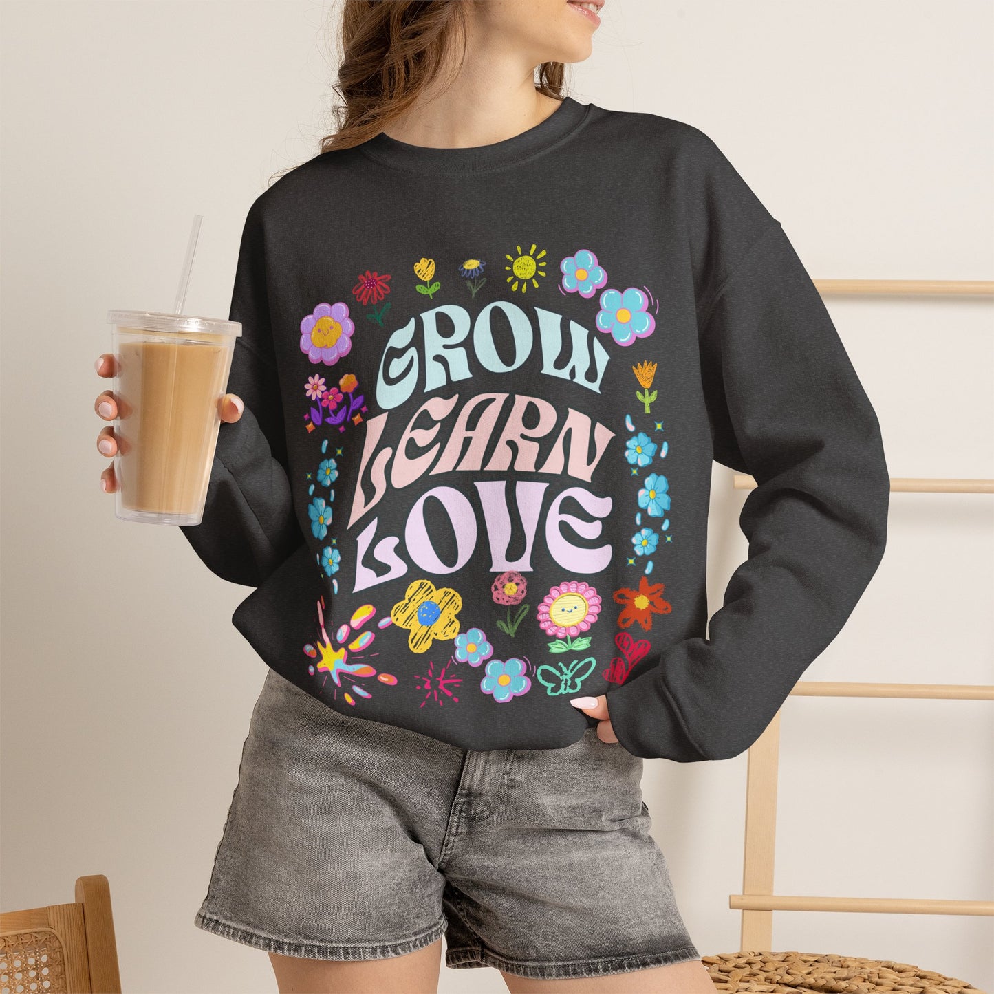 Grow Learn Love Crewneck Sweatshirt — Floral Retro Graphic