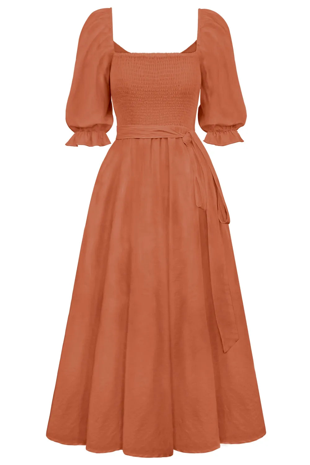 Smocked Tied Flounce Sleeve Midi Dress