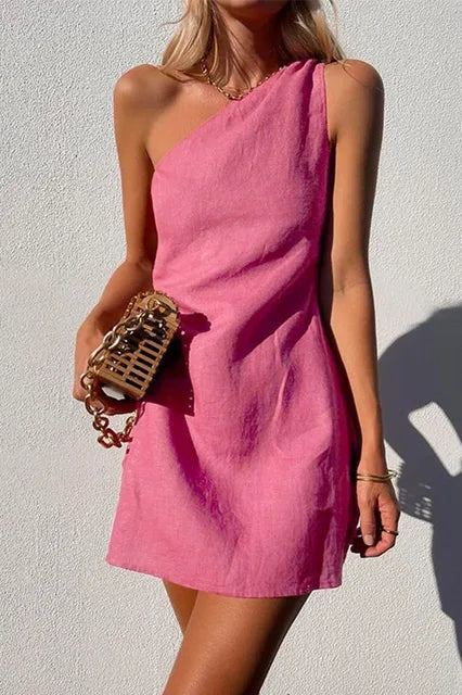 One-Shoulder Cotton Linen Dress Asymmetric