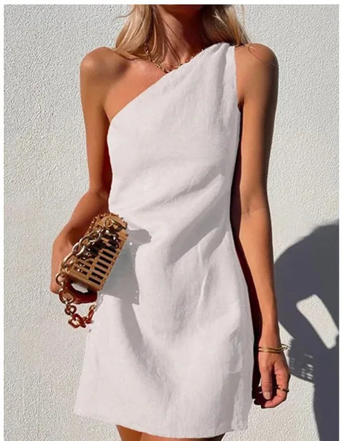 One-Shoulder Cotton Linen Dress Asymmetric
