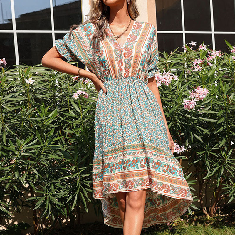Retro Midi Dress Print Irregular Vacation Dress