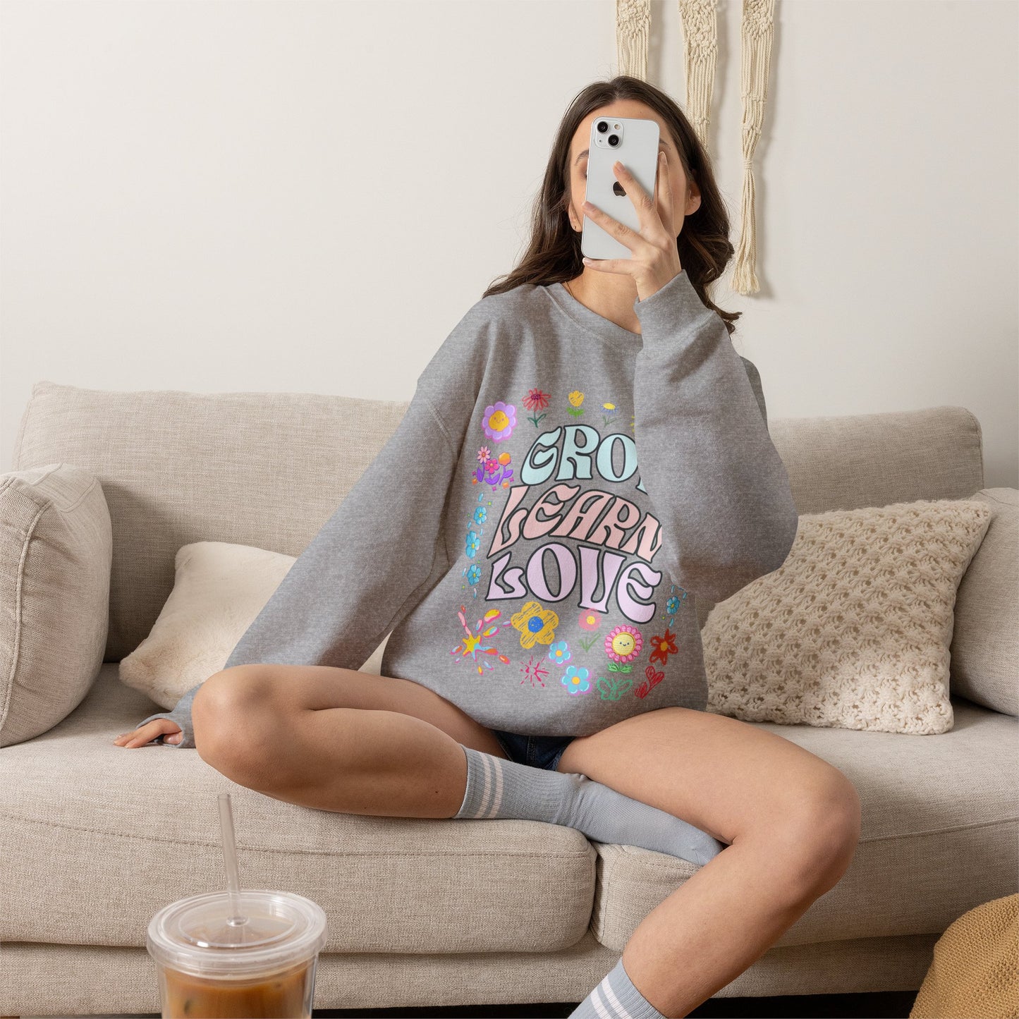 Grow Learn Love Crewneck Sweatshirt — Floral Retro Graphic