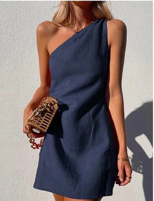 One-Shoulder Cotton Linen Dress Asymmetric