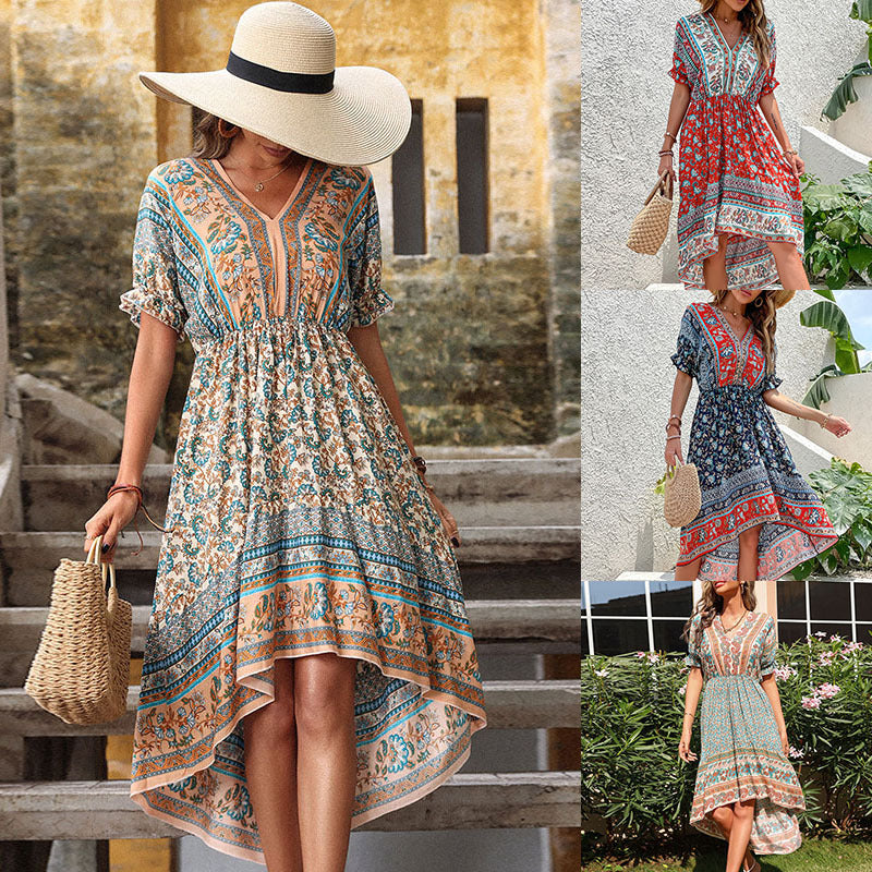 Retro Midi Dress Print Irregular Vacation Dress