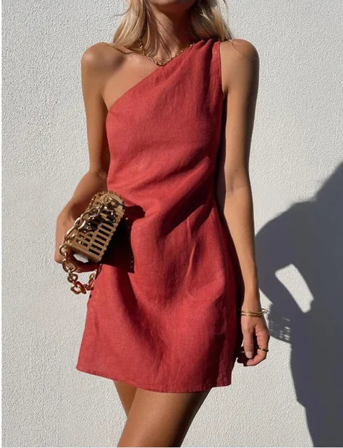 One-Shoulder Cotton Linen Dress Asymmetric