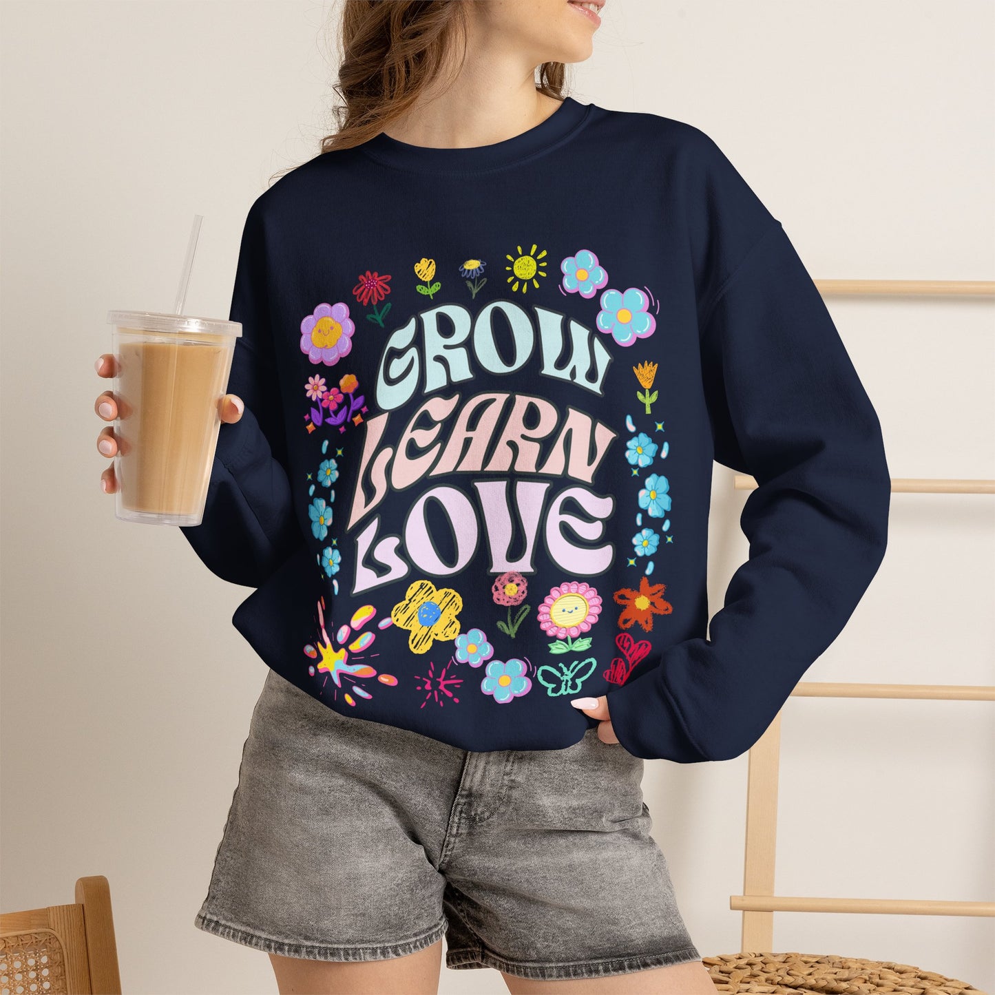 Grow Learn Love Crewneck Sweatshirt — Floral Retro Graphic