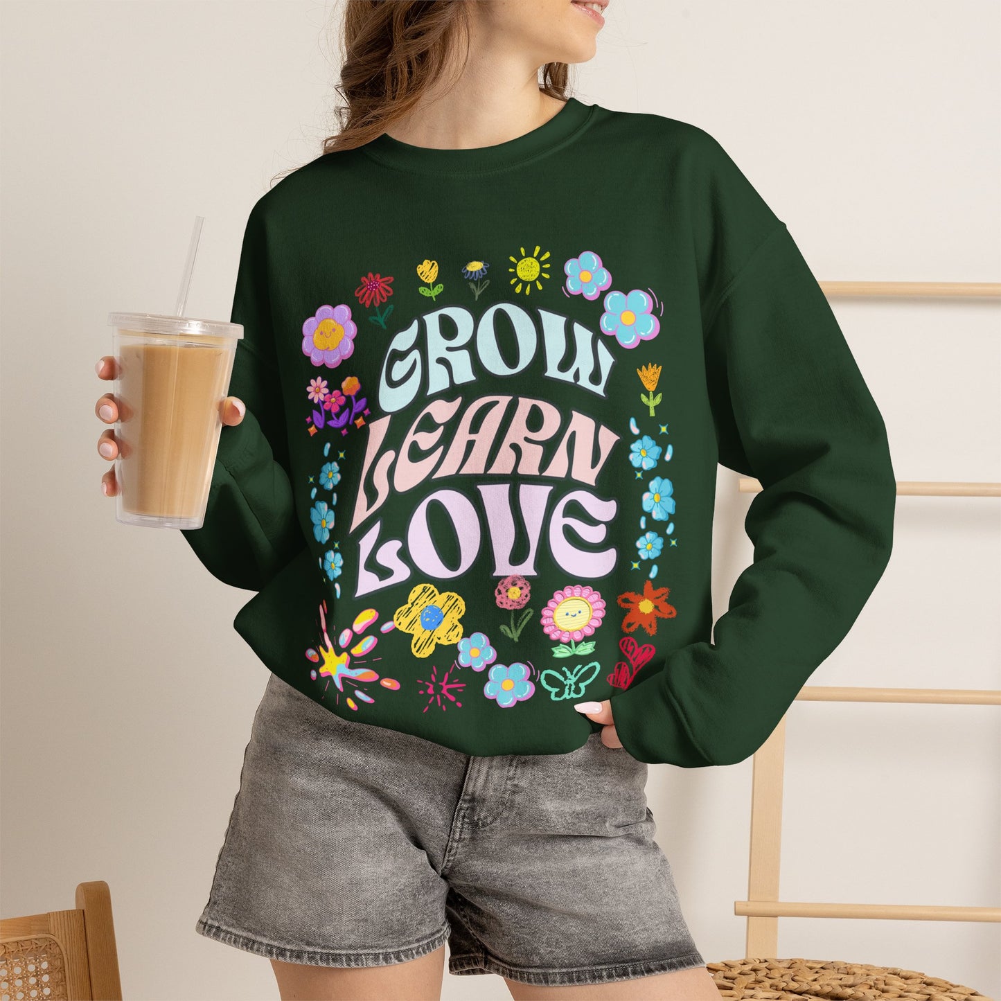 Grow Learn Love Crewneck Sweatshirt — Floral Retro Graphic