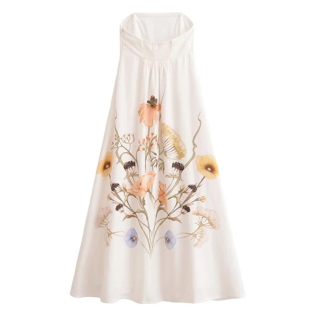Elegant Strapless Printed Floral Dress