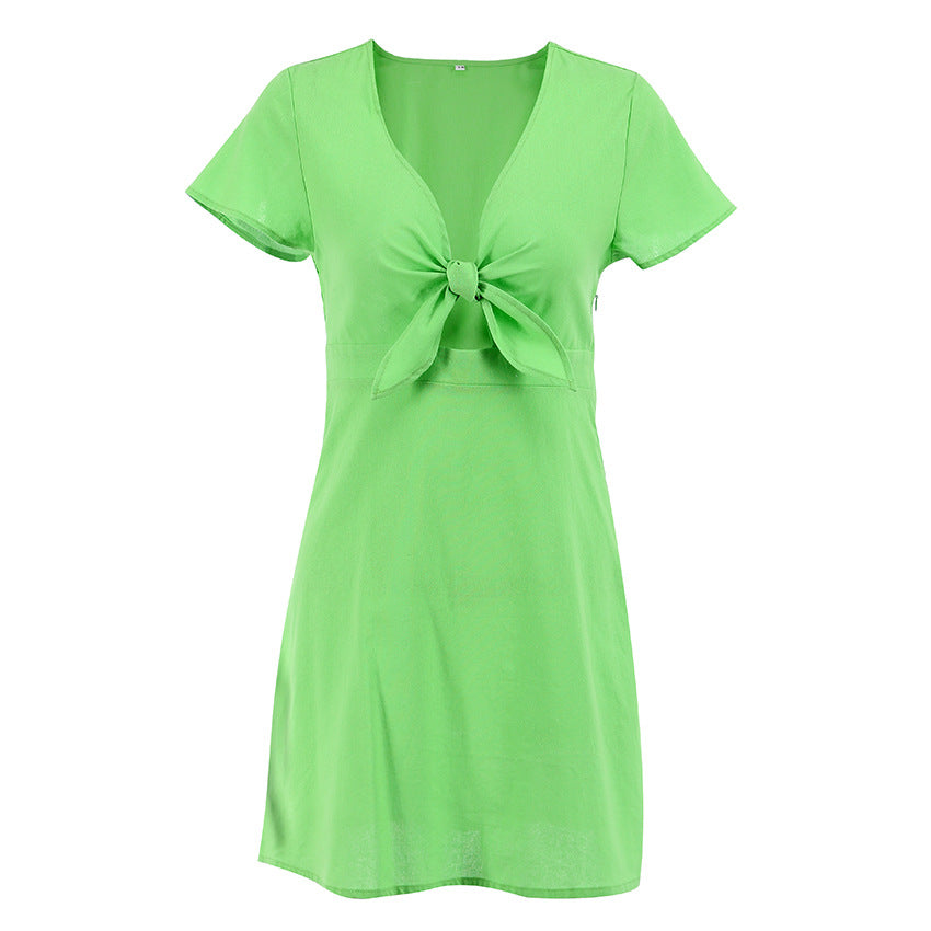 Flying Sleeve Cotton And Linen Bow V-Neck Dress