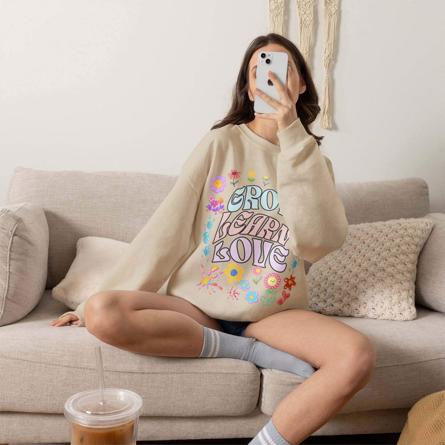 Grow Learn Love Crewneck Sweatshirt — Floral Retro Graphic