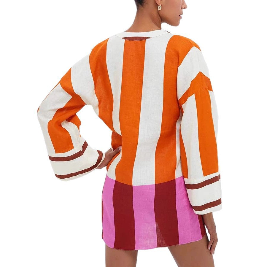 Printed Linen Long Sleeve Loose Dress