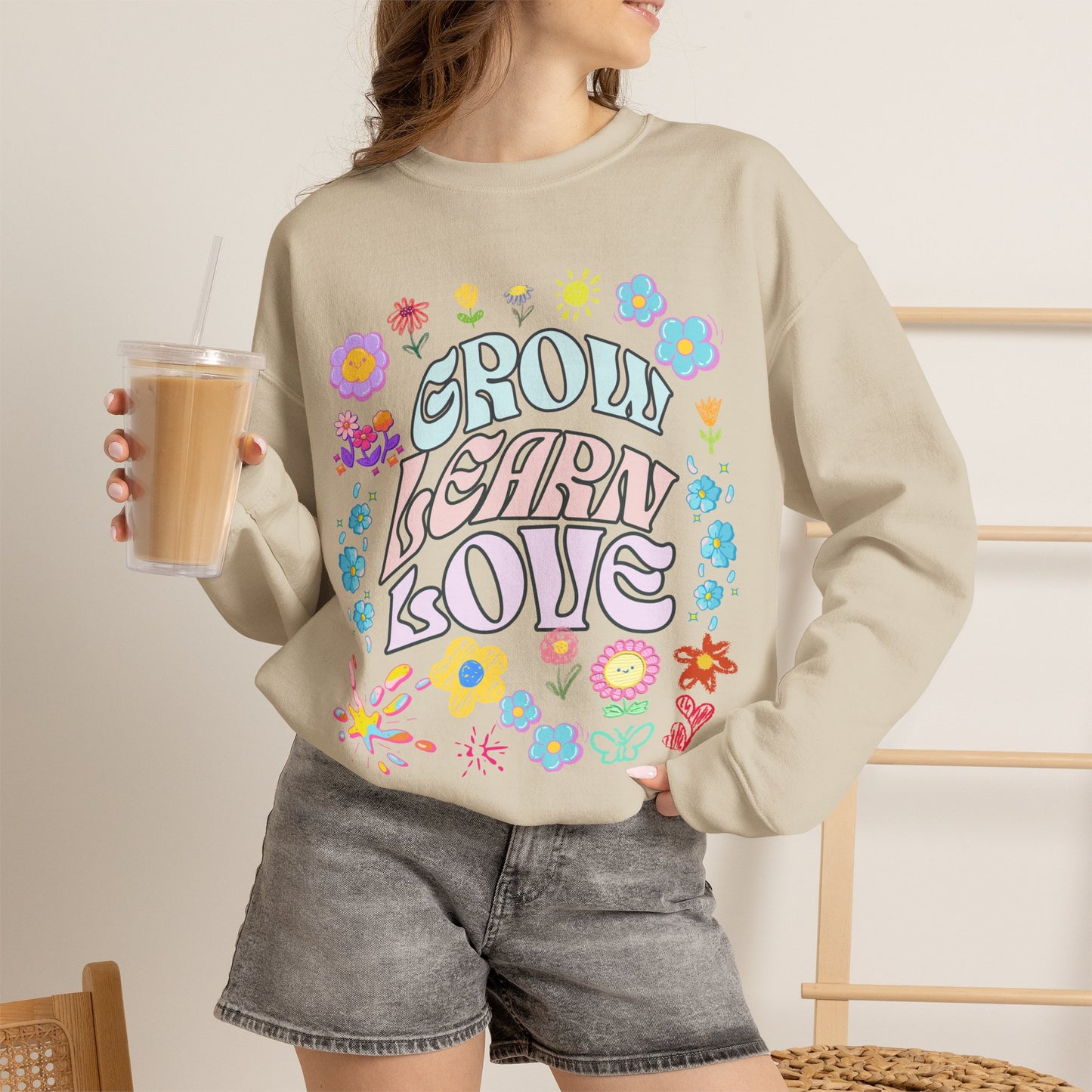 Grow Learn Love Crewneck Sweatshirt — Floral Retro Graphic