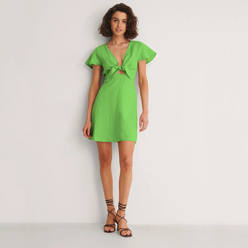 Flying Sleeve Cotton And Linen Bow V-Neck Dress
