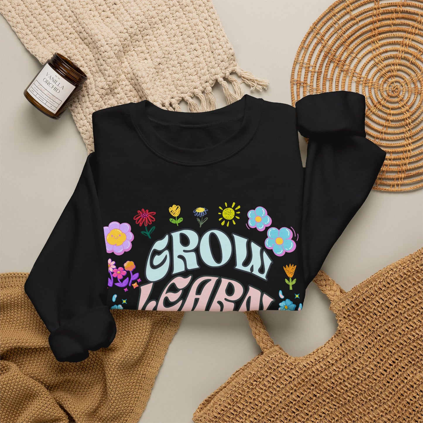 Grow Learn Love Crewneck Sweatshirt — Floral Retro Graphic