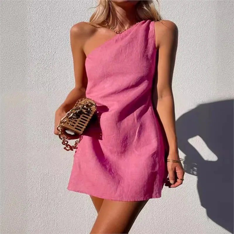 One-Shoulder Cotton Linen Dress Asymmetric