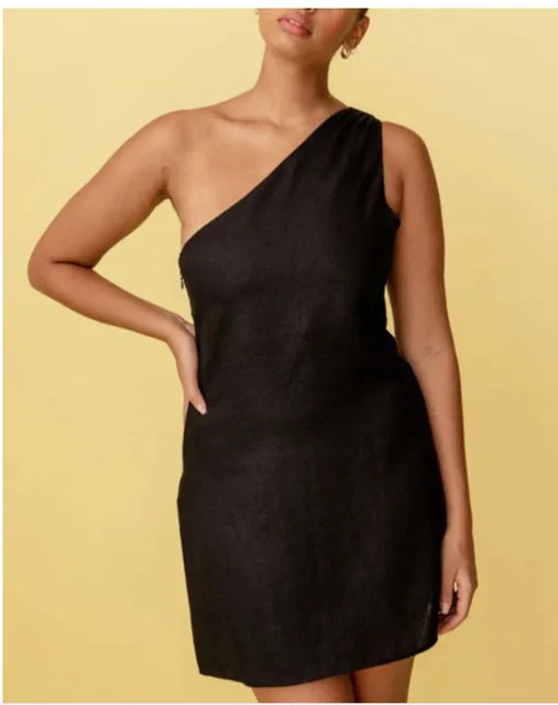 One-Shoulder Cotton Linen Dress Asymmetric