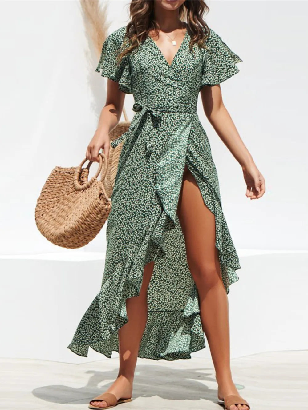Tied Ruffled Printed Midi Wrap Dress