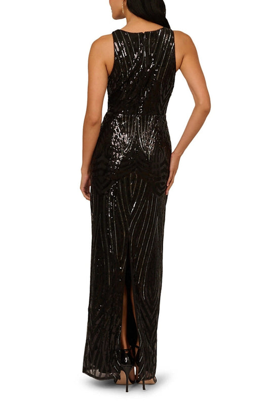 Adrianna Papell Jewel Neckline Sleeveless Zipper Closure Hem Back Slit Sequin Maxi Sheath Dress