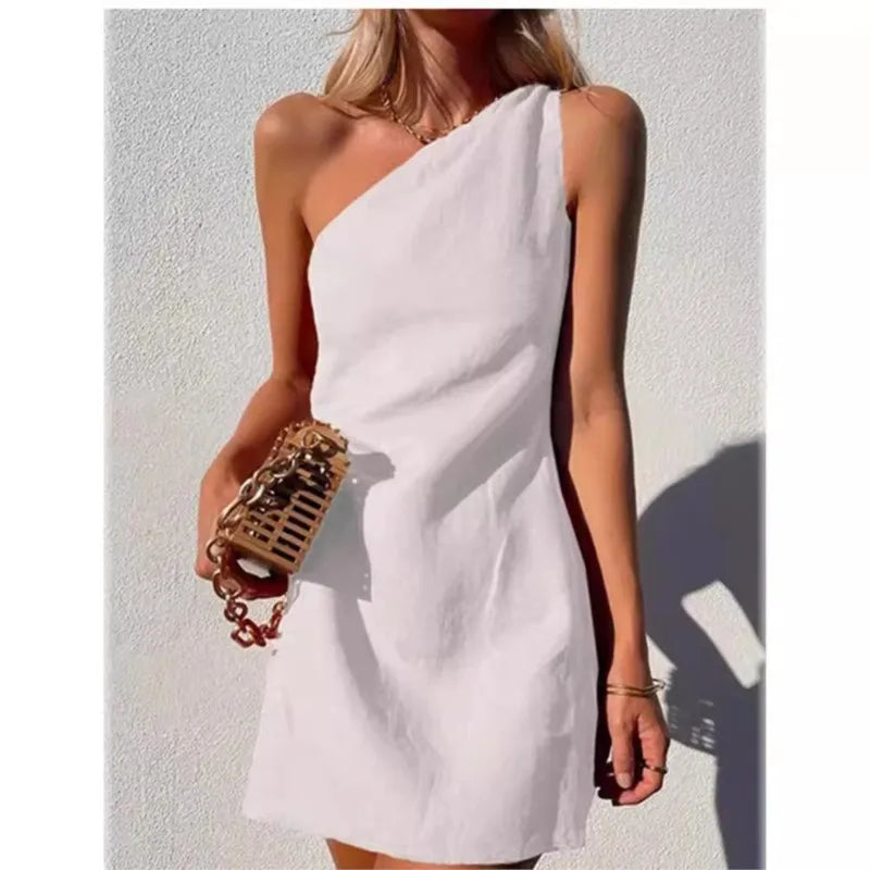 One-Shoulder Cotton Linen Dress Asymmetric