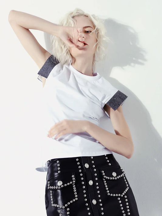 White T-shirt Rhinestones Shining Slim