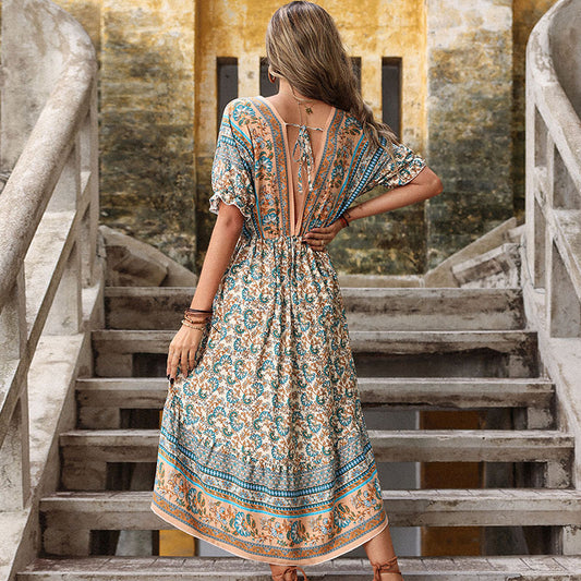 Retro Midi Dress Print Irregular Vacation Dress