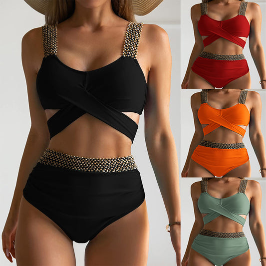 Cross Backless Colid Color Swimsuit