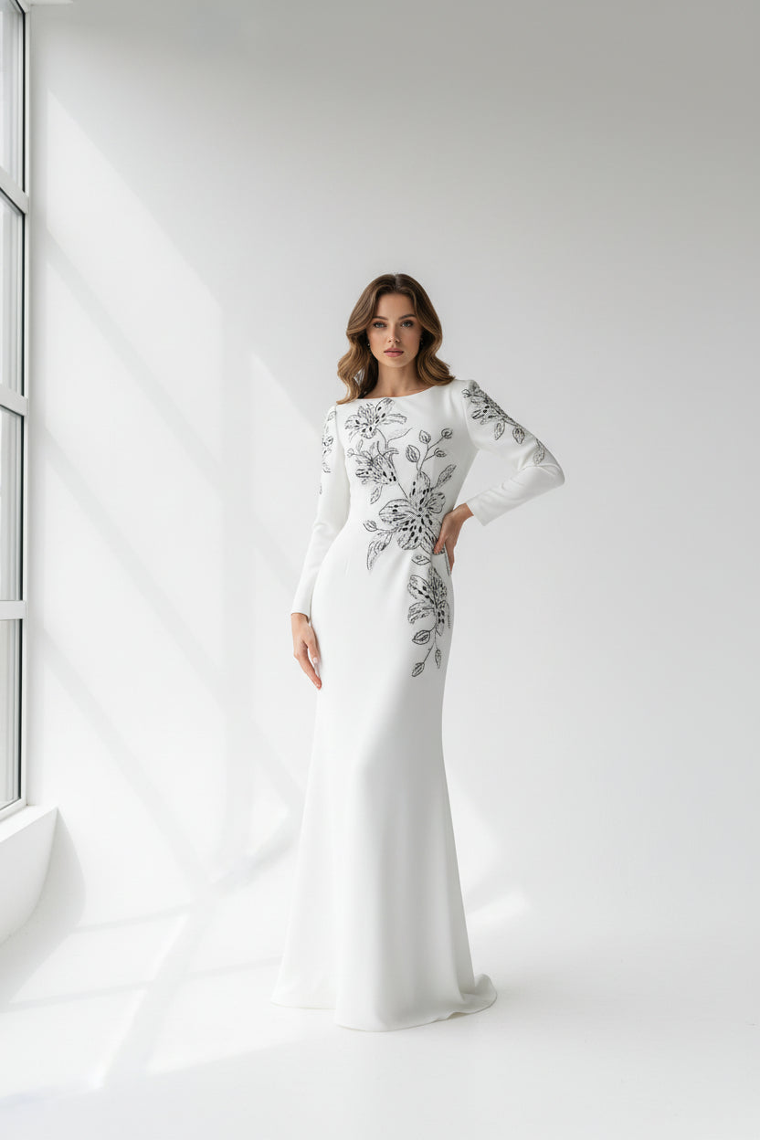 Embroidered and Beaded Long Dress