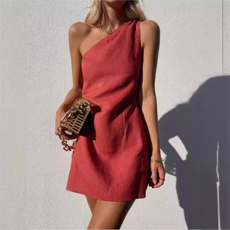 One-Shoulder Cotton Linen Dress Asymmetric