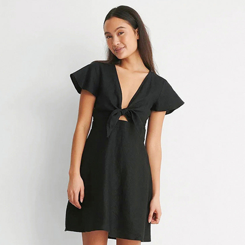 Flying Sleeve Cotton And Linen Bow V-Neck Dress