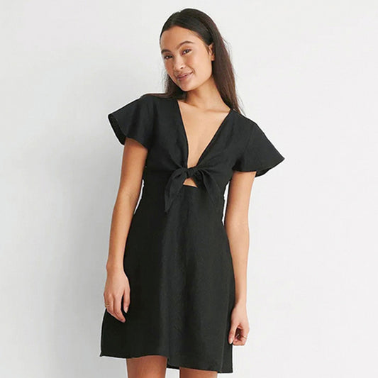 Flying Sleeve Cotton And Linen Bow V-Neck Dress